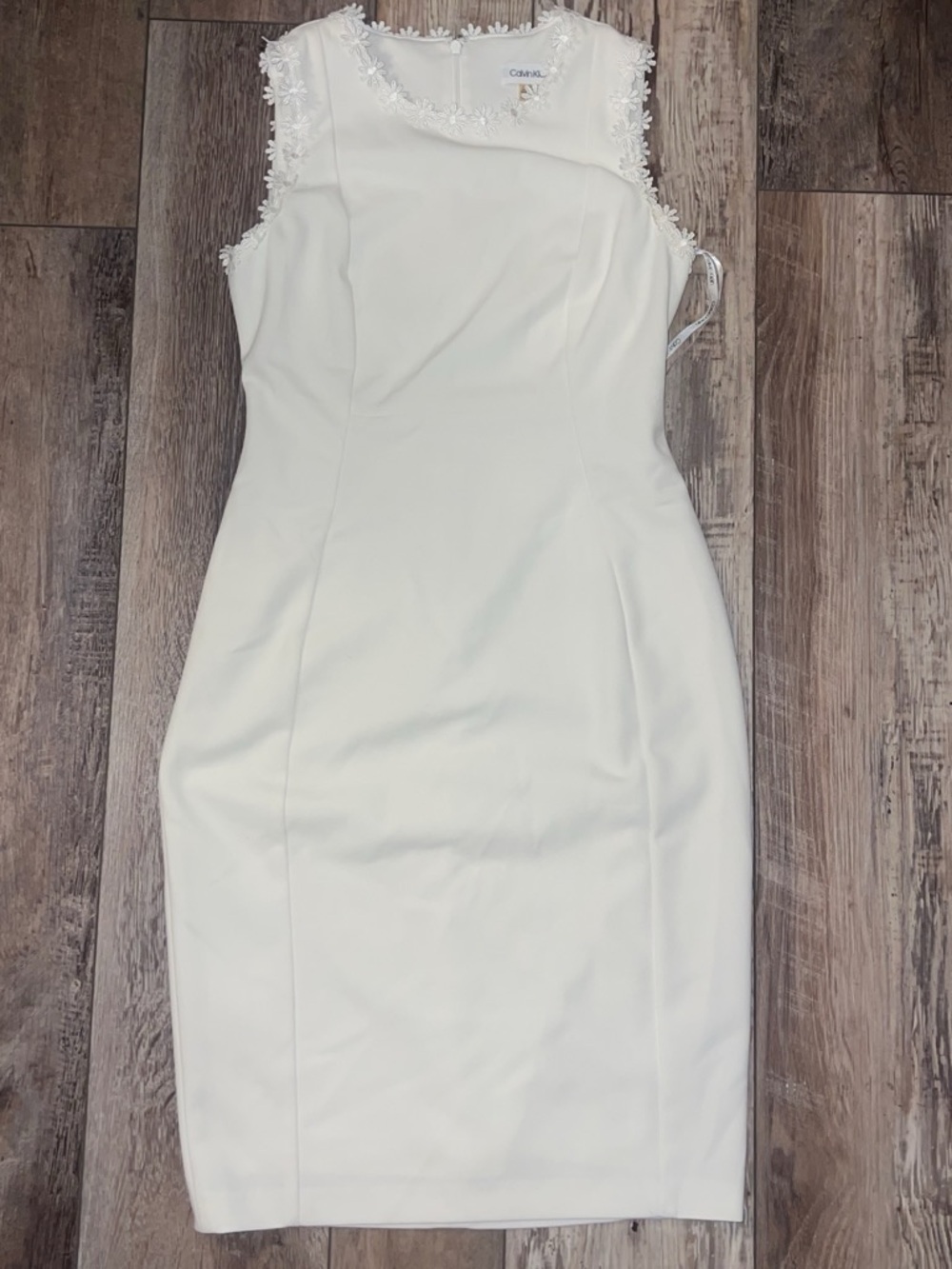 Calvin Klein Cream Sleeveless Midi Sheath Dress with Floral Trim